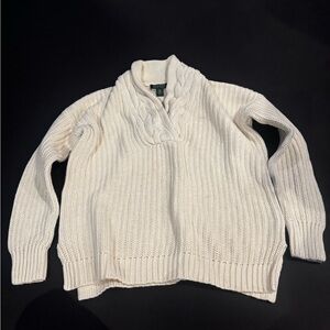 Lauren Ralph Lauren Cable Knit Shawl Collar Sweater XS Cream Cotton Chunky Prepp